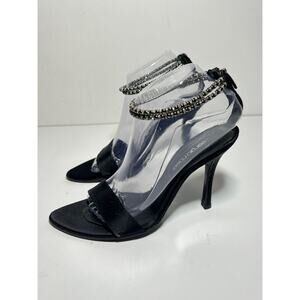 Sergio Rossi Black Satin Crystal Ankle Strap 4" Heel Sandal Shoe Pump 8.5 US